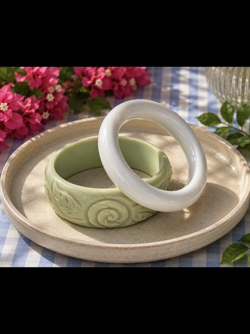 Set of Two Vintage Style Bangle Bracelets - Sage Green Carved  & White